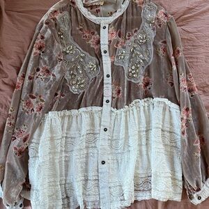 Velvet Floral Blouse with Lace Trim